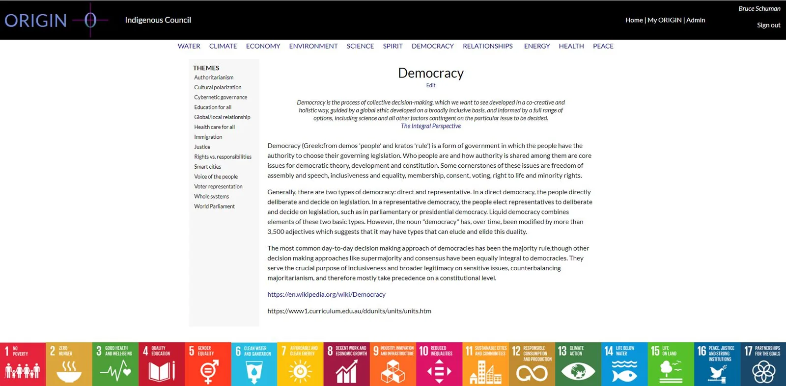 Screenshot of the ORIGIN Indigenous Council website's Democracy page, with a definition of democracy, a list of themes, and a row of UN Sustainable Development Goal icons.