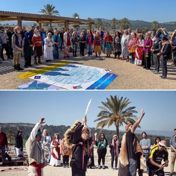 Two photos of an outdoor gathering among palm trees. Top: a large circle of people in colorful clothing stands around a peace banner on the ground. Bottom: an elder in a feather headdress raises an eagle feather while others lift their hands in prayer.