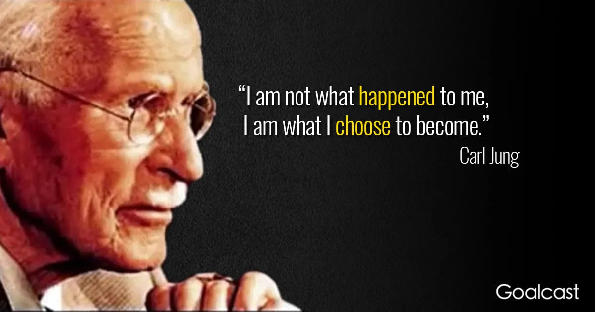 Close-up of an elderly white-haired man in round glasses, chin resting on his hand, beside the Carl Jung quote: "I am not what happened to me, I am what I choose to become."