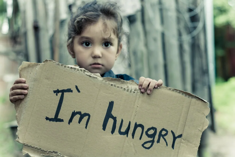 A young child with tousled hair looks solemnly at the camera while holding a torn cardboard sign that reads "I'm hungry" in front of a weathered wooden fence.