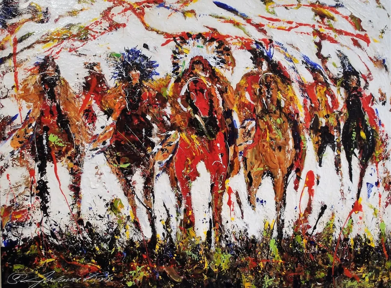 Expressive painting in thick splashes of red, brown, black and blue showing a line of Indigenous riders on horseback in feathered headdresses, charging forward against a white background.