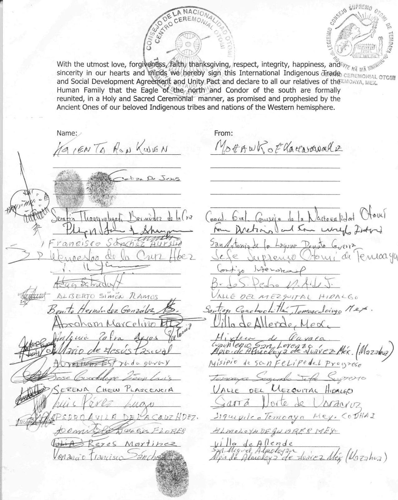 Signature page of the International Indigenous Trade and Social Development Agreement and Unity Pact, stamped with Otomi ceremonial seals, declaring the Eagle and Condor reunited, with handwritten names, places and thumbprints.