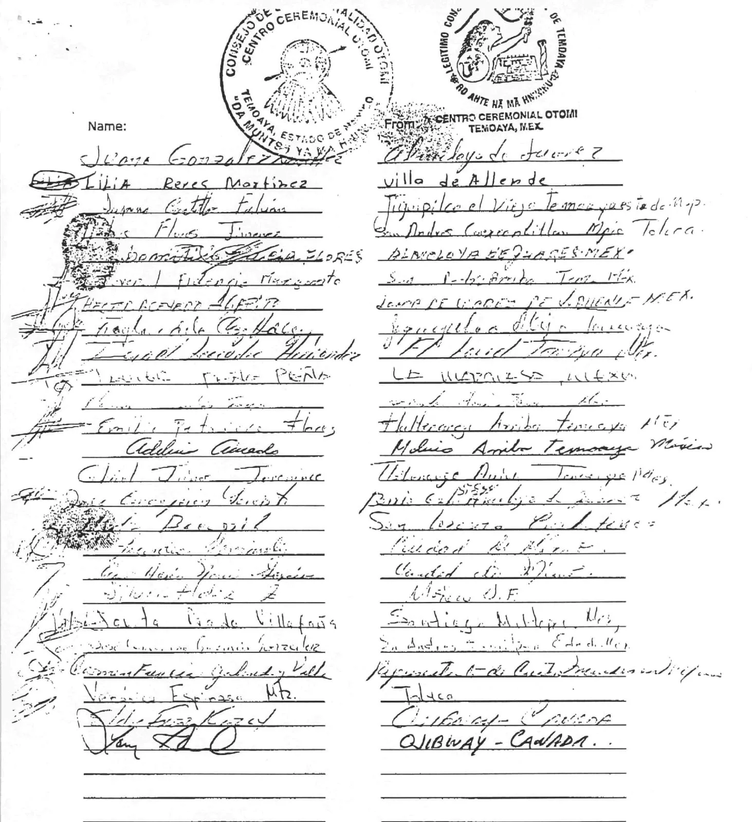 Second signature page bearing the same Otomi Ceremonial Centre seals, with columns of handwritten names and home communities, mostly in Mexico, and two entries from Ojibway, Canada.