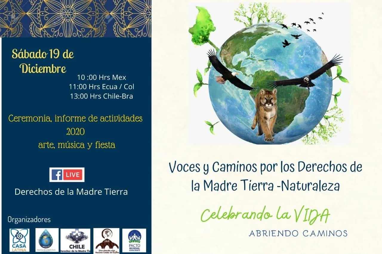 Flyer for Voces y Caminos por los Derechos de la Madre Tierra on Saturday, December 19: ceremony, 2020 report, art, music and celebration, with an eagle, condor and puma before the Earth.