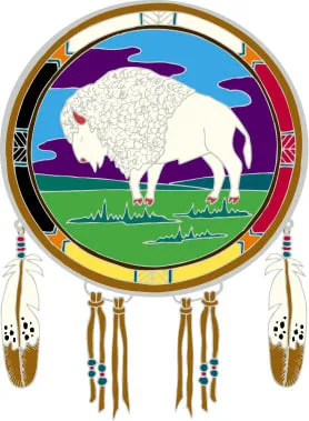 Illustrated medicine wheel shield showing a white buffalo standing on green prairie under a blue and purple sky, with a red, yellow, black and white border, feathers and beaded fringe hanging below.