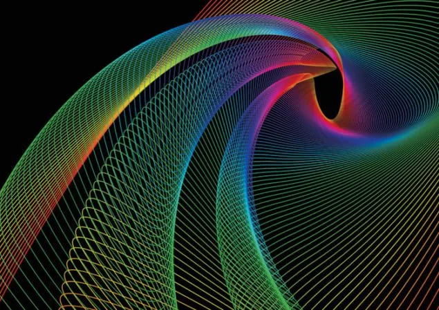 Abstract digital art of glowing rainbow-colored lines curving in sweeping spirals toward a dark vortex against a black background.