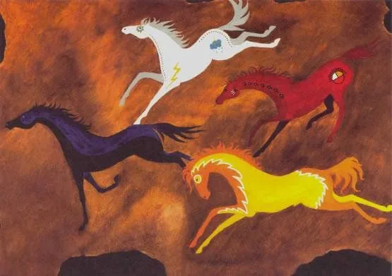 Painting of four horses galloping across an earthy orange-brown background: a white horse marked with lightning and a cloud, a red horse with a medicine wheel, a dark purple-black horse, and a yellow horse.