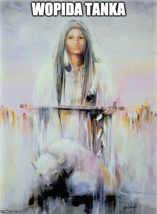 Painting of a woman with long silver-streaked hair in white buckskin holding a pipe horizontally, a white buffalo calf beneath her, under the words "Wopida Tanka."