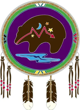 Medicine shield emblem showing a dark bear with a red heart line, crescent moon and stars on a purple field above a blue river, framed in green with hanging eagle feathers and beads.