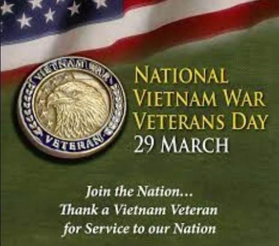 Graphic for National Vietnam War Veterans Day, 29 March, showing a Vietnam veteran pin with an eagle beside an American flag, urging people to thank a Vietnam veteran for service.