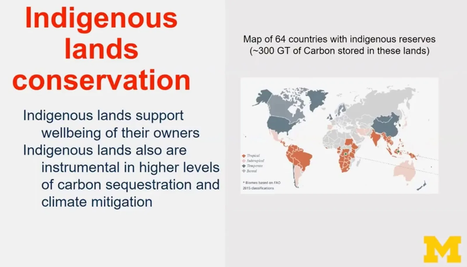 Presentation slide titled "Indigenous lands conservation" stating these lands support their owners' wellbeing and carbon sequestration, beside a world map of 64 countries storing about 300 GT of carbon.