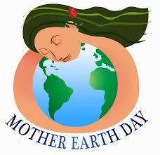 Illustration of a woman with flowing green hair embracing the Earth, above the words "Mother Earth Day."