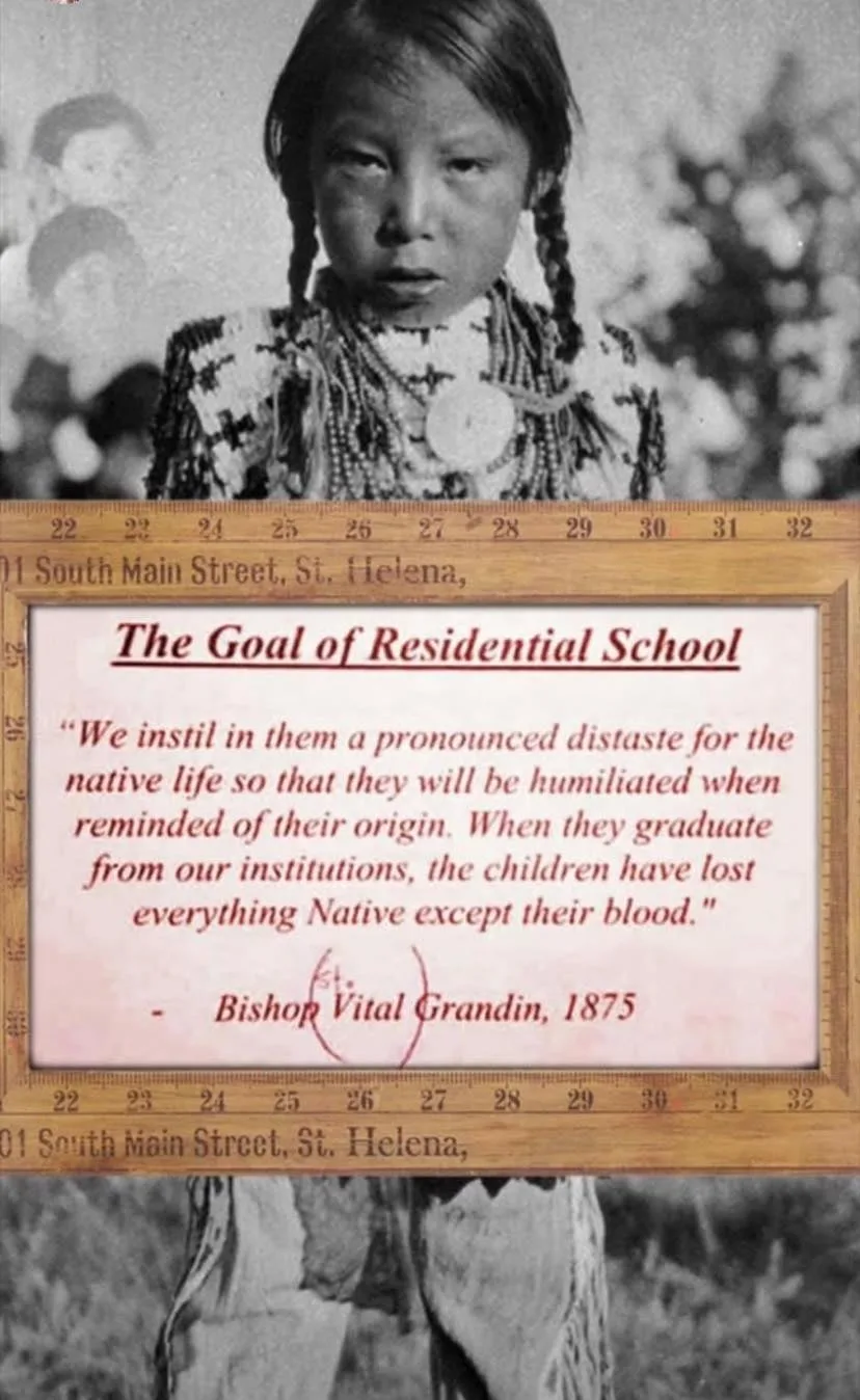 Black-and-white archival photo of an Indigenous girl with braids in a beaded dress, overlaid with a framed 1875 quote from Bishop Vital Grandin on residential schools stripping children of everything Native but their blood.