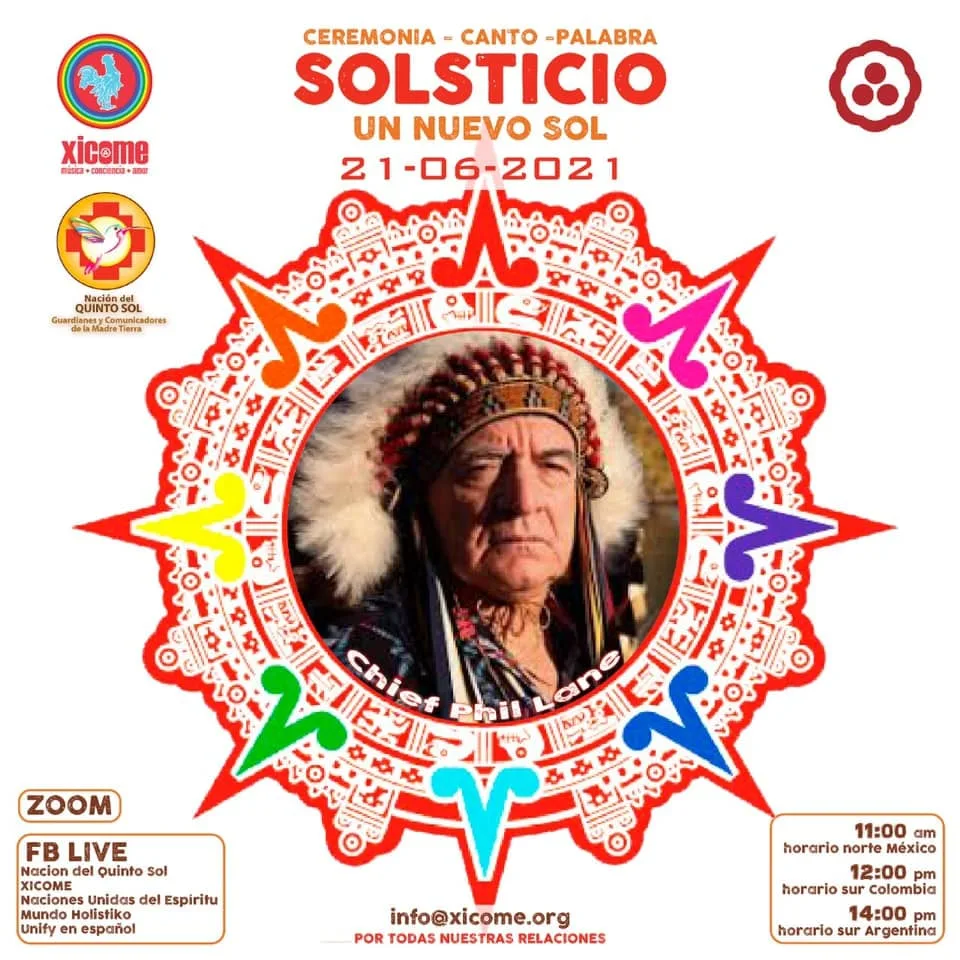Spanish flyer for a Solstice 'Un Nuevo Sol' ceremony on 21-06-2021, with Chief Phil Lane in a feather headdress at the center of a red sun design, plus online times.