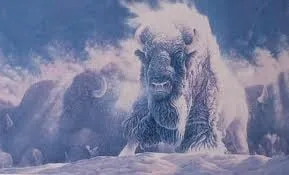 Painting of a white buffalo striding through snow toward the viewer, with ghostly buffalo forms in the swirling clouds behind it and a crescent moon.