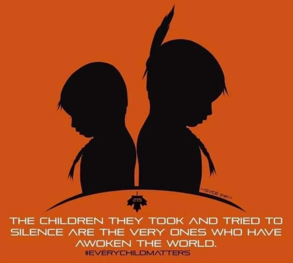 Black silhouettes of two Indigenous children with braids, one wearing a feather, back to back on an orange background. Text: the children they took and tried to silence have awoken the world. #EveryChildMatters