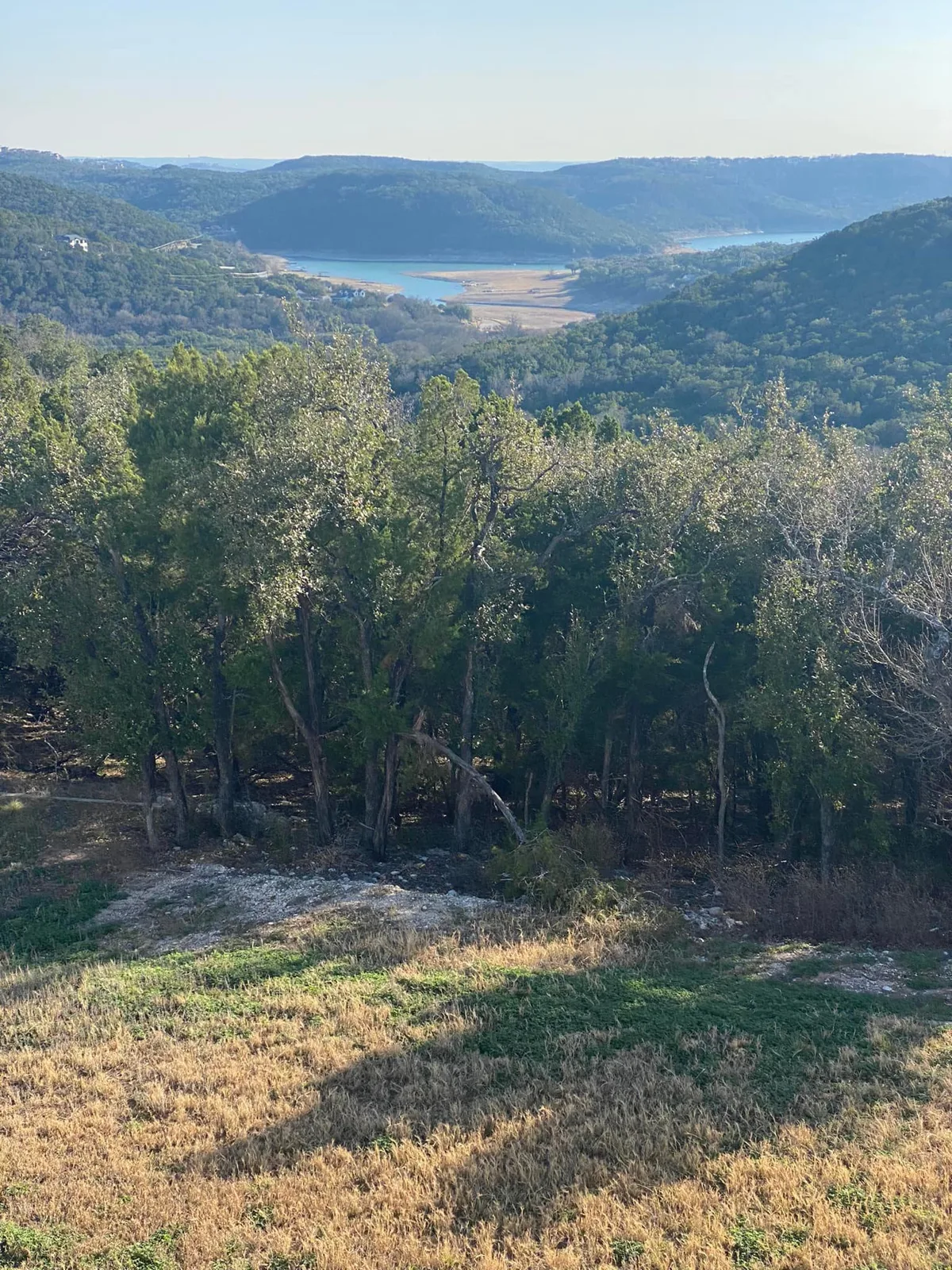 View from a hillside of dry grass and green trees overlooking forested hills and a winding blue lake, Lake Travis near Austin, under a pale sky.