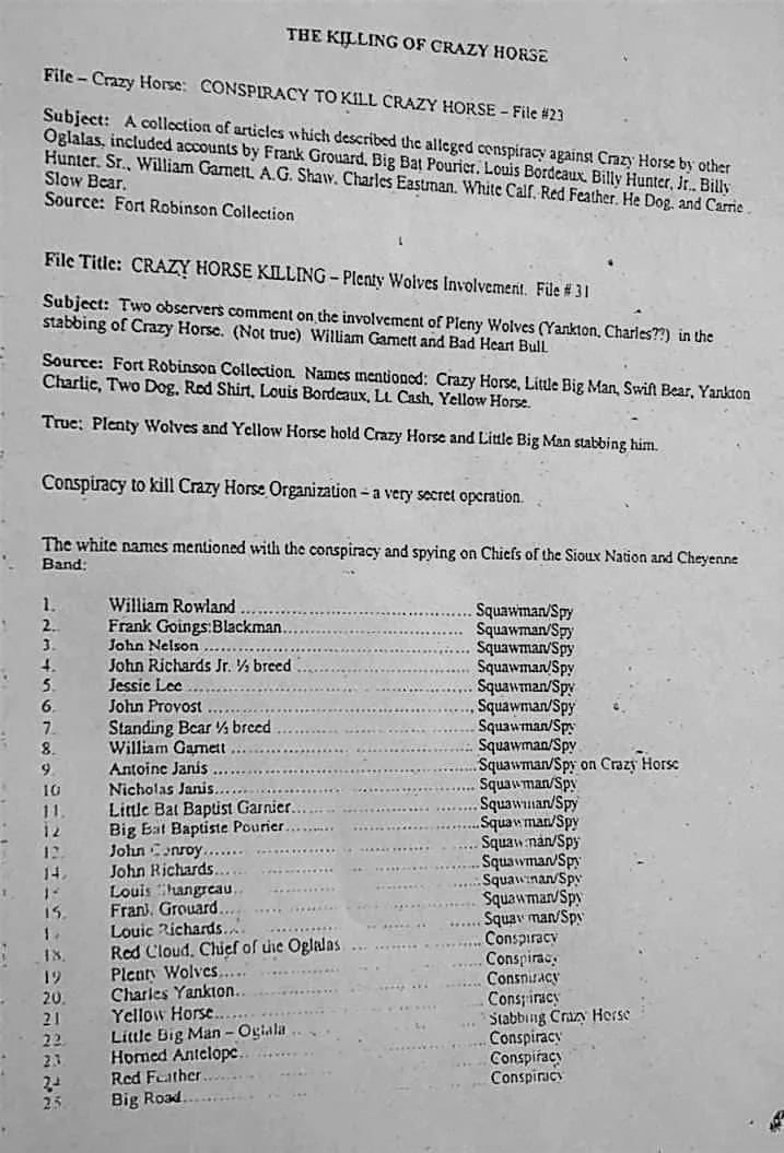 Typed archival document titled "The Killing of Crazy Horse," describing Fort Robinson files on the conspiracy to kill Crazy Horse and listing 25 names labeled as spies or conspirators.