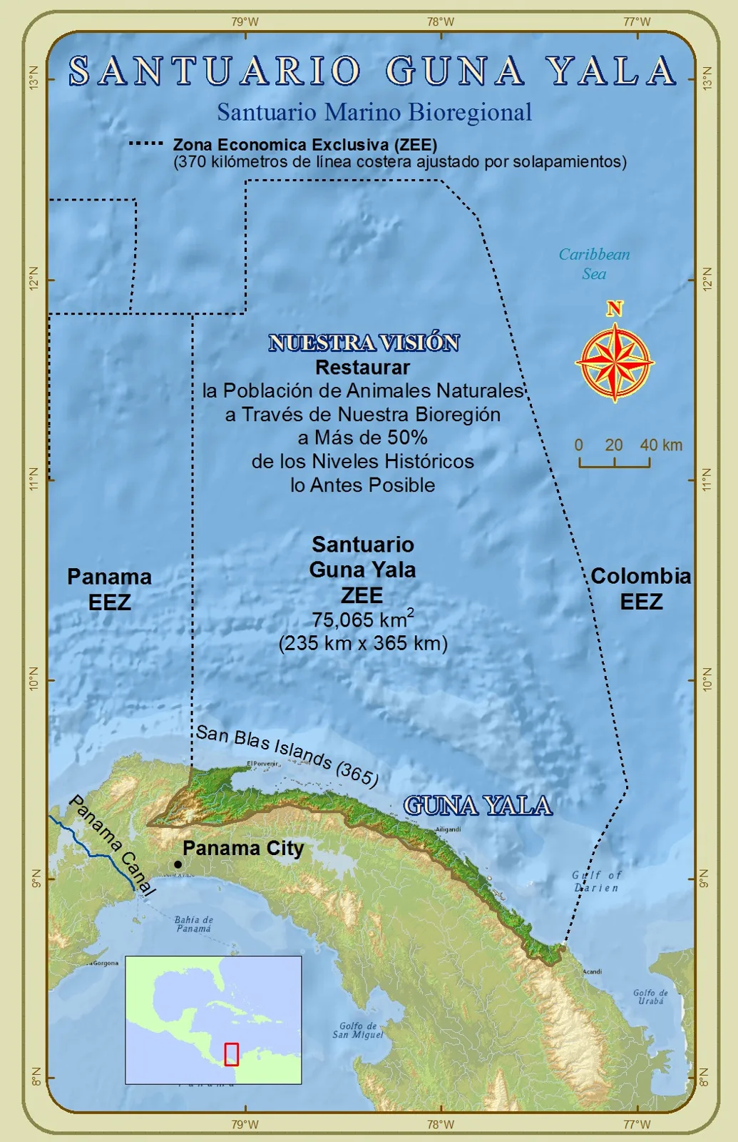 Map of the Santuario Guna Yala Bioregional Marine Sanctuary off Panama's Caribbean coast, covering 75,065 km², with the vision of restoring animal populations to over 50% of historic levels.