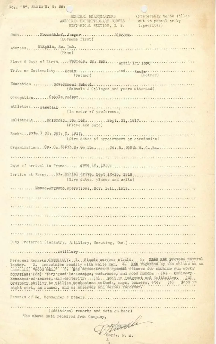 Typed WWI American Expeditionary Forces historical form for Jasper Horsethief, Co. B, 340th Machine Gun Battalion, born in Wakpala, South Dakota, Sioux, noting St. Mihiel and Meuse-Argonne service.