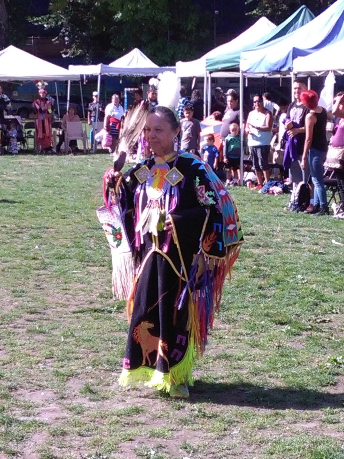 An elder woman dances at an outdoor powwow in black regalia with a horse design, colourful fringe and beadwork, holding an eagle feather fan, as people watch near tents.