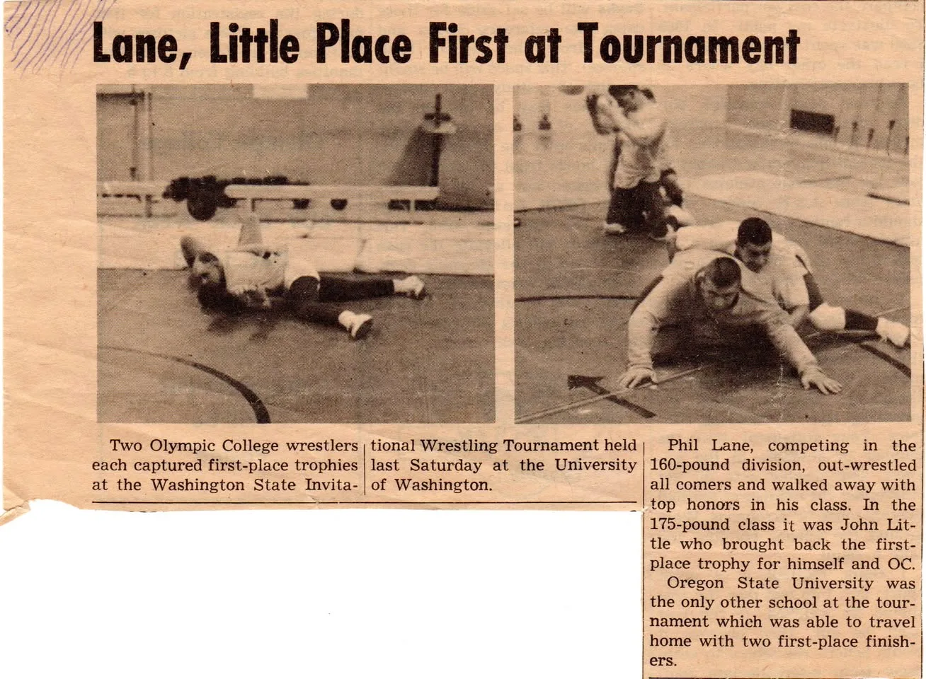 Yellowed newspaper clipping headlined "Lane, Little Place First at Tournament," with two photos of wrestlers training on a gym mat. It reports Olympic College's Phil Lane and John Little winning first-place trophies.