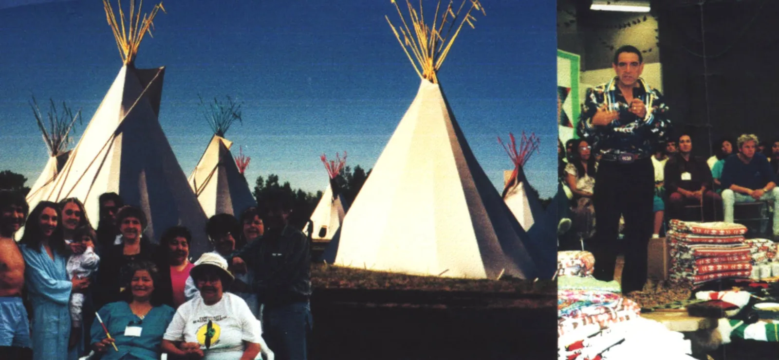 Collage: a smiling group of Indigenous people of all ages before white tipis under a blue sky, and a man in a patterned shirt addressing a seated audience beside stacked blankets.