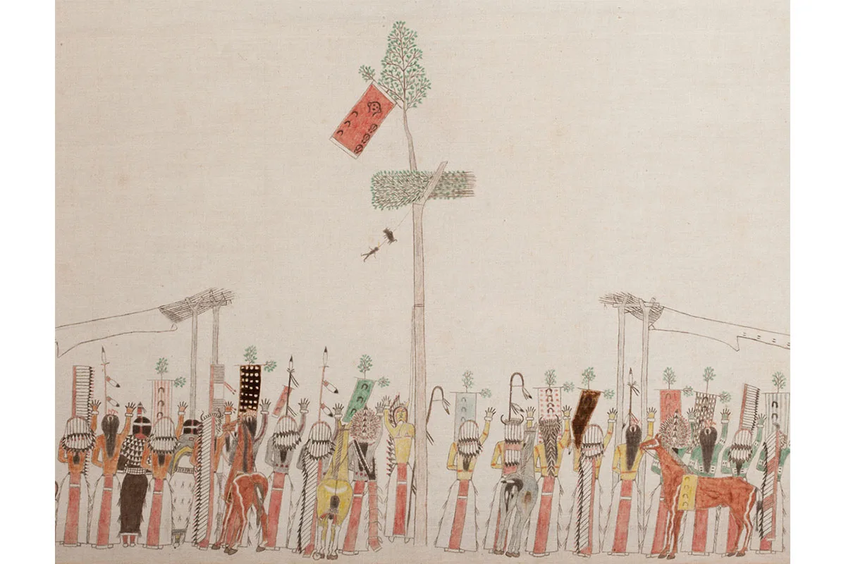 Ledger-style drawing of a Sun Dance: a tall leafy tree pole with a red banner and a small figure at its center, encircled by rows of people in regalia with raised hands, staffs, and horses.