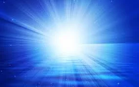 A brilliant white light radiating blue rays across a deep blue background above a shimmering, water-like horizon.