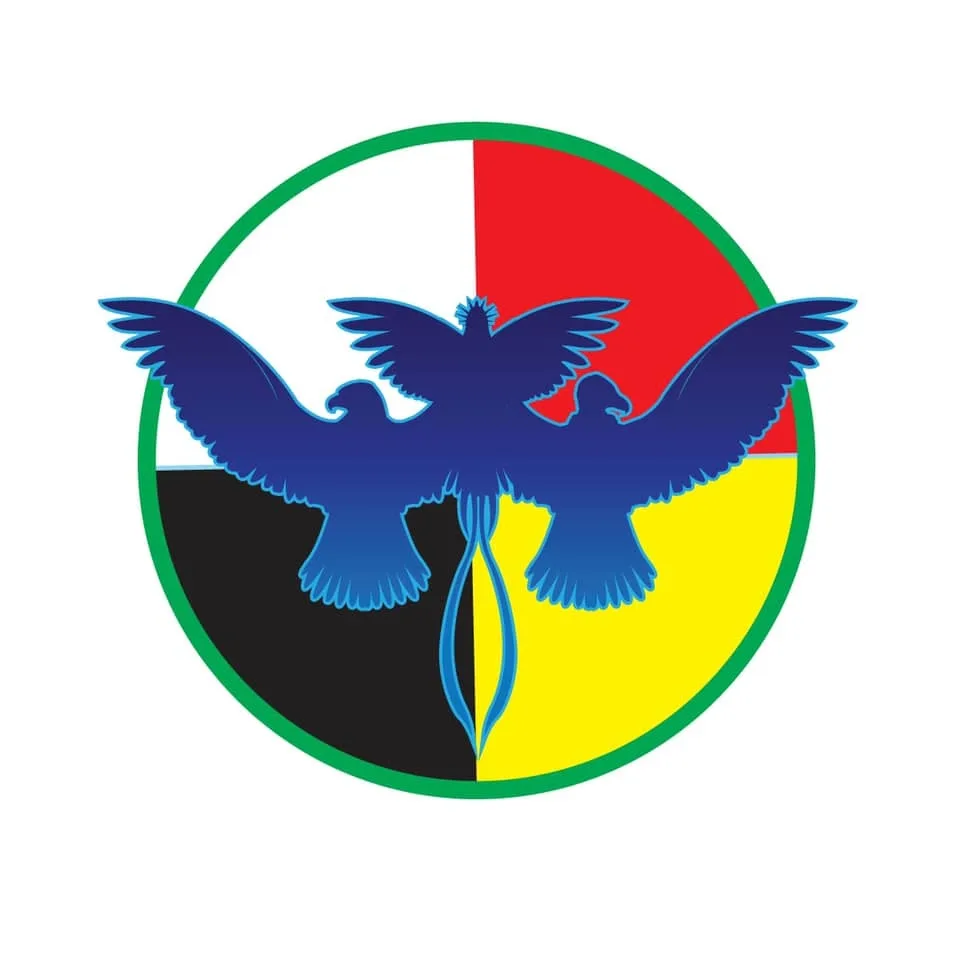 Emblem of three blue birds with outstretched wings, a quetzal at center flanked by two eagles, over a circle quartered in white, red, black and yellow with a green border.