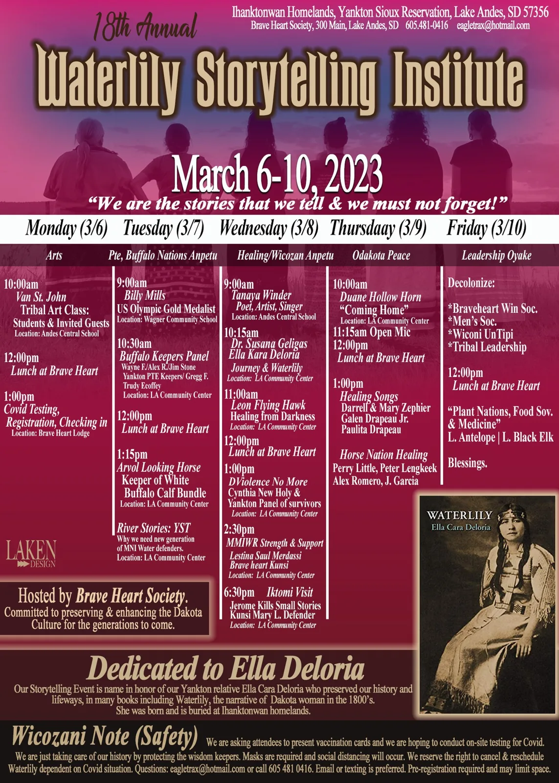Flyer for the 18th Annual Waterlily Storytelling Institute, March 6-10, 2023, Lake Andes, SD, hosted by Brave Heart Society, with a daily schedule and a tribute to Ella Deloria.