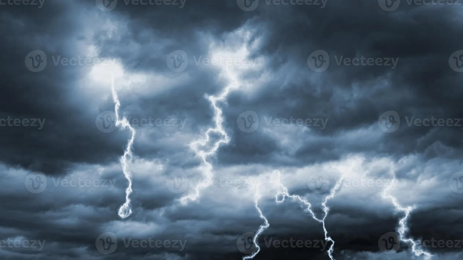 Dark, turbulent storm clouds lit from within, with several jagged bolts of lightning striking down across the sky.