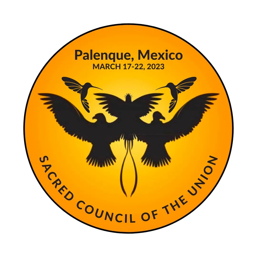 Circular orange emblem with black silhouettes of a condor, a quetzal, an eagle and two hummingbirds, reading "Palenque, Mexico, March 17-22, 2023" and "Sacred Council of the Union."