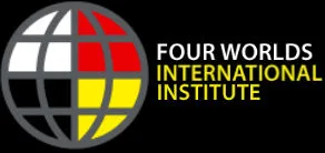 Four Worlds International Institute logo: a globe divided into quadrants of white, red, black and yellow, beside the organization's name in white and yellow text on black.