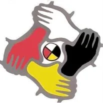 Four hands in red, white, black and yellow clasp one another's wrists in a circle around a small medicine wheel of the same four colours.