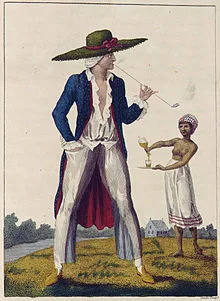 Hand-colored historical print of a European planter in a wide-brimmed hat and loose clothes smoking a long pipe, while a barefoot young Black woman brings him a drink on a tray.
