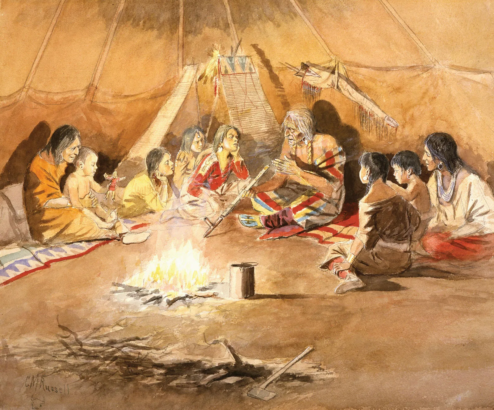 Watercolor painting signed C.M. Russell of an elder in a striped blanket telling a story by a fire inside a tipi, as children and women sit listening around him.