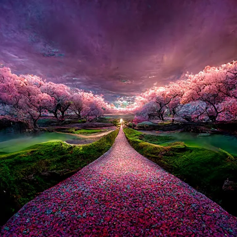 A path covered in pink and red blossom petals runs between mossy green banks and still water, lined by blossoming pink trees under a purple sky, toward a glowing light.