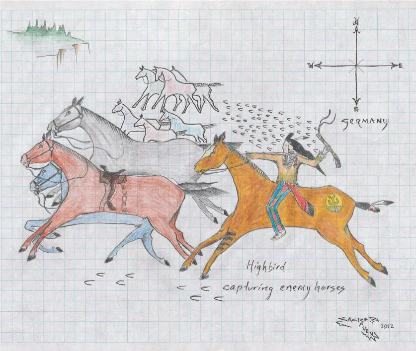 Colored-pencil ledger-style drawing on graph paper of a mounted warrior on an orange horse driving a herd of horses, labeled "Highbird capturing enemy horses," signed Sacred Raven 2012.