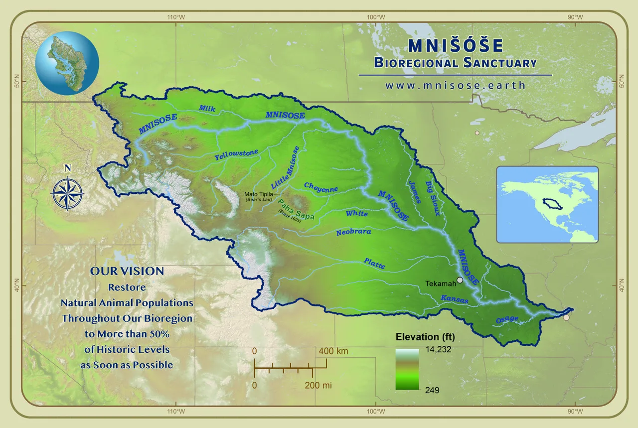 Map of the Mnišóše Bioregional Sanctuary, the Missouri River watershed, showing its tributaries and elevation, with the vision to restore animal populations to over 50% of historic levels.