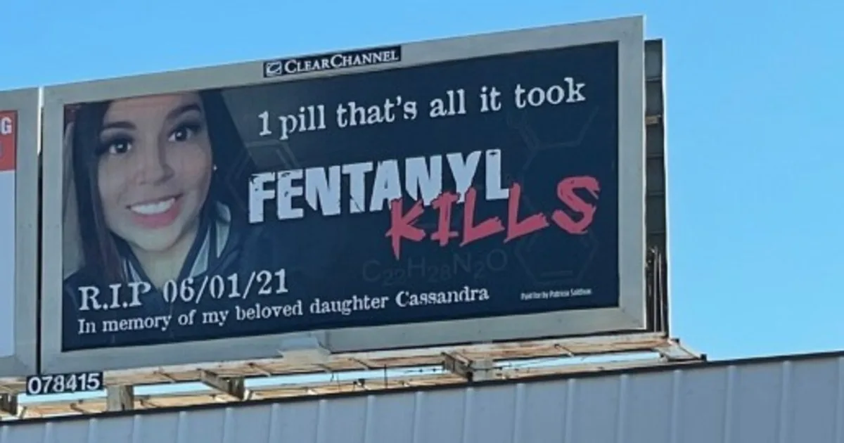 Roadside billboard showing a smiling young woman beside the words "1 pill that's all it took. Fentanyl kills. R.I.P. 06/01/21. In memory of my beloved daughter Cassandra."