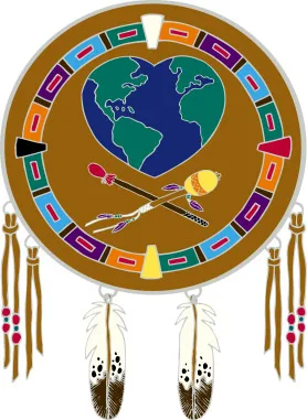Circular emblem with a heart-shaped globe at its center, a feathered pipe and rattle crossed below, ringed by a colorful border, with two eagle feathers and beaded fringes hanging beneath.