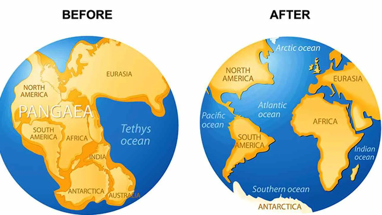 Two globes labeled Before and After: the supercontinent Pangaea beside the Tethys Ocean, and today's separated continents with the Pacific, Atlantic, Indian, Arctic and Southern oceans.