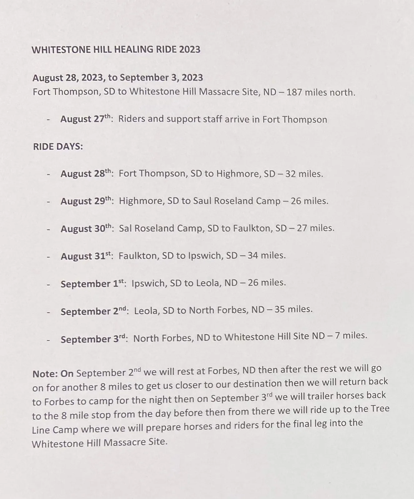 Typed itinerary for the Whitestone Hill Healing Ride 2023, August 28 to September 3: a 187-mile ride from Fort Thompson, SD to the Whitestone Hill Massacre Site, ND, with daily stops and mileage.
