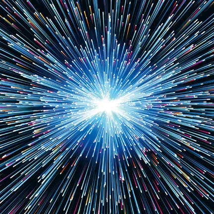 Streaks of blue, white, pink and gold light radiate outward from a brilliant white center against a dark background, like a burst of cosmic energy.