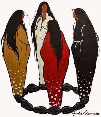 Painting of four Indigenous women with long black hair in yellow, white, red and black robes, standing in a circle above a ring of dark stones.