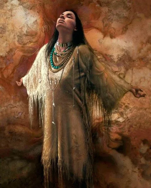 Painting of a Native woman with long dark hair in a fringed buckskin dress and turquoise and bead necklaces, arms open and face lifted skyward against swirling earth-red tones.