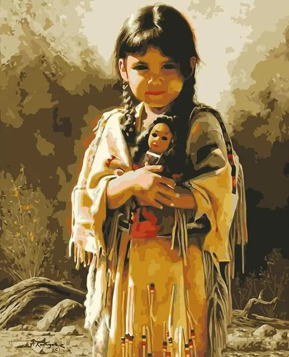 Painting of a young Indigenous girl with long braids in a fringed buckskin dress, holding a small doll close to her chest against a softly lit, earthy background.
