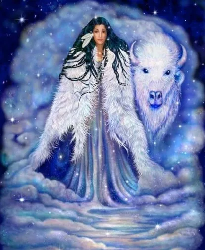 Painting of a woman with long black hair and a white feather, wrapped in a white fur robe, standing in starry blue clouds beside a white buffalo.