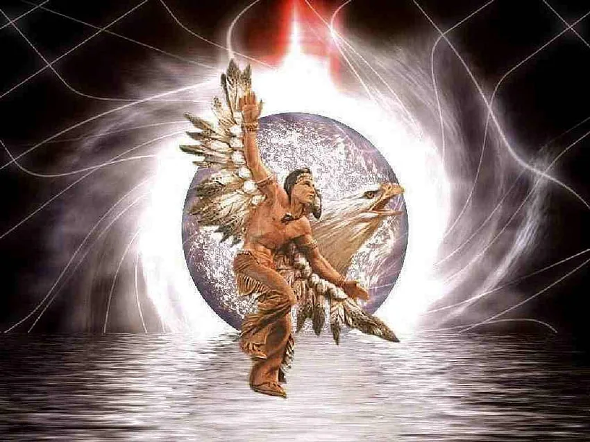 Digital artwork of an Indigenous dancer in fringed buckskin with feathered eagle wings, one arm raised, before a glowing Earth and eagle head above shimmering water.